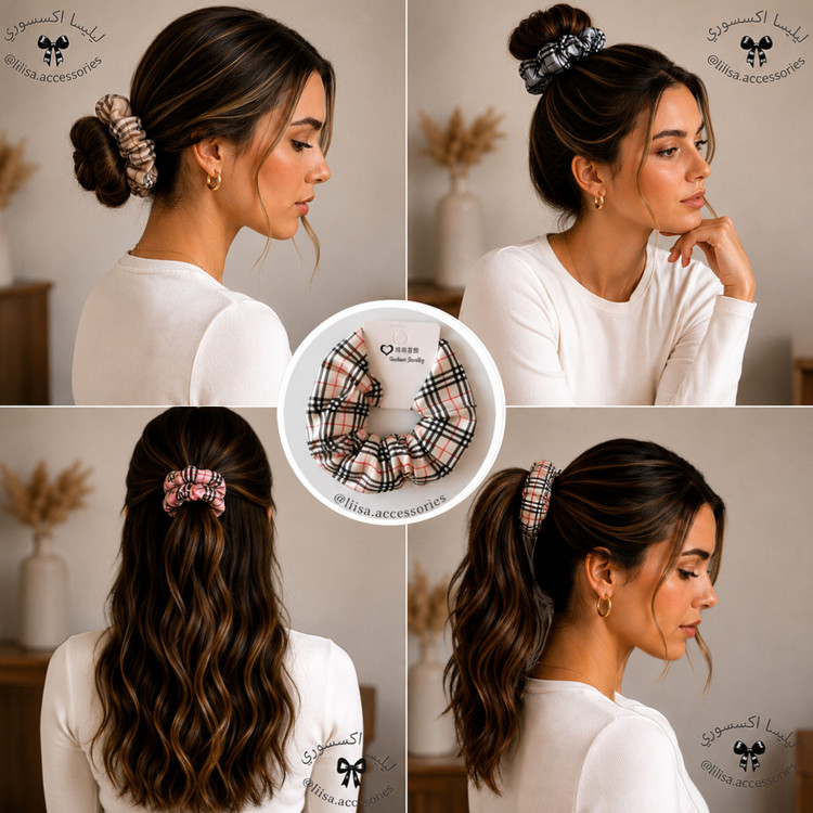کش مو ساتن چهارخونه اسکرانچی باربری
